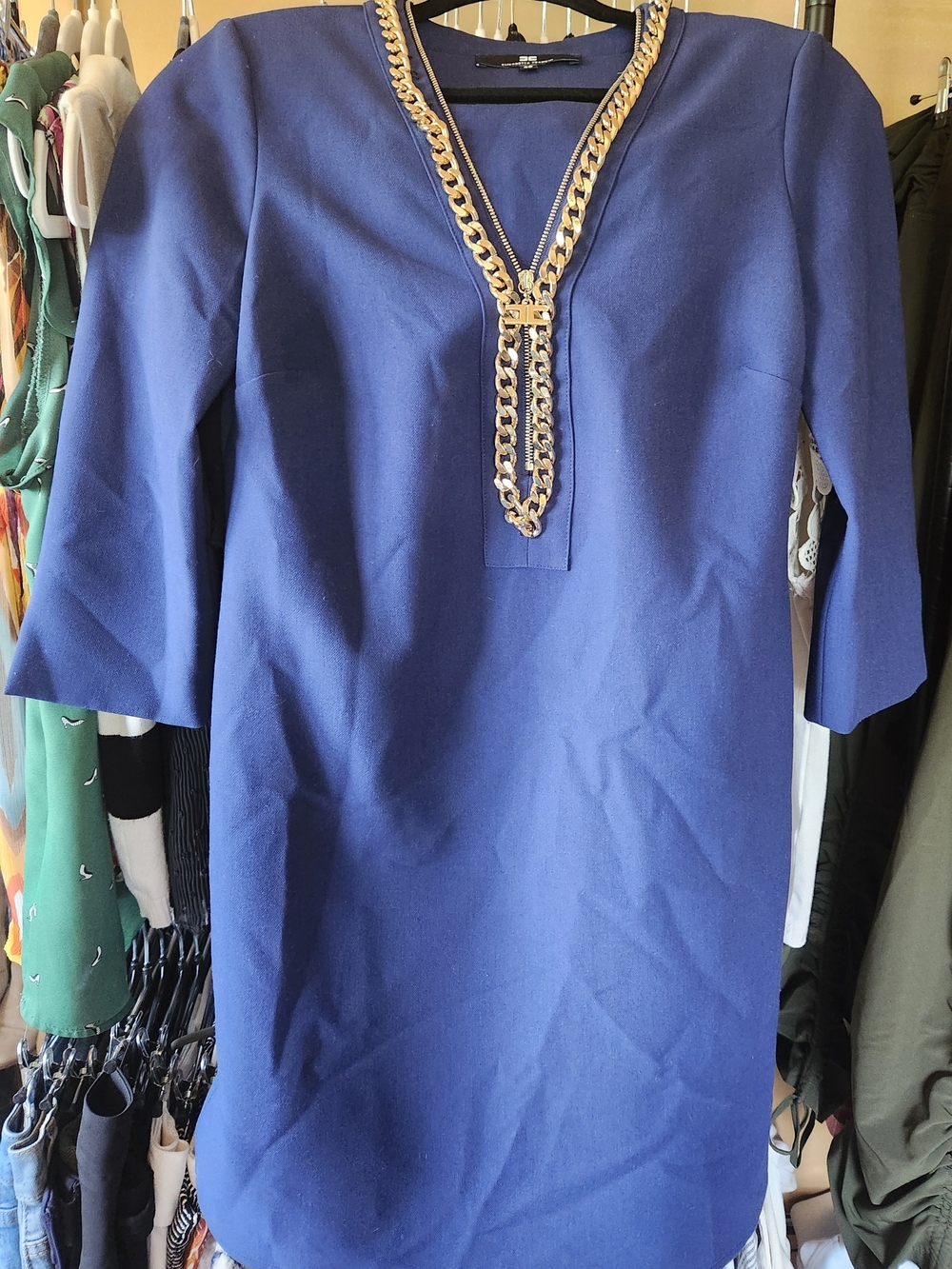 Elisabetta Franchi Navy Shift Dress with Gold Chain Detail